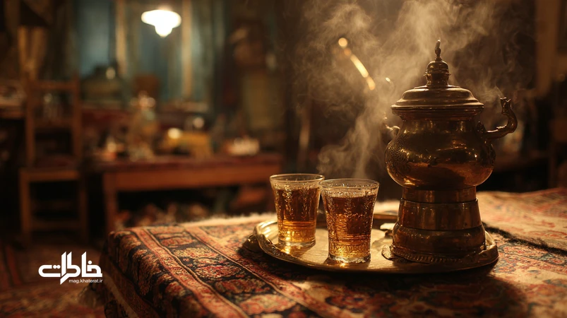 سماور جوشان کنار سفرهٔ پارچهای با استکان کمرباریک و خانوادهای در حال گفتوگوی شبانه؛ آیین چای دورهمی در خانههای قدیمی.