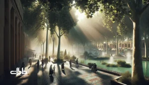 سایه‌ی درختان خیابان در ظهر تابستان؛ رهگذران در مکث‌های کوتاه زیر چنارها با حس نوستالژی و آرامش شهری، پیوند انسان و طبیعت و خاطرات