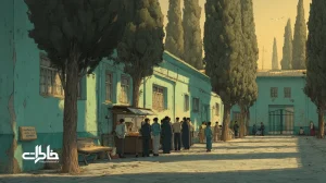 معماری مدارس ایران و نقش حیاط، راهرو، کلاس و بوفه در شکل‌گیری خاطرات آموزشی؛ صف صبحگاهی با دیوارهای آبی‌ـ‌سبز و سایهٔ سروهای مدرسه.