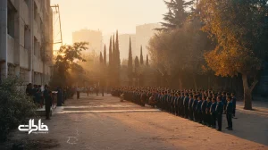 نمایی نوستالژیک از صبحگاه مدرسه در حیاط مدرسه ایران با صف‌های منظم، پرچم، بلندگوی نویزدار و نور طلایی صبح؛ روایت آیین آموزشی و خاطرات مدرسه