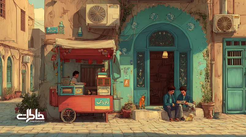 کوچه ایرانی با فروشنده دورهگرد، رادیو ترانزیستوری و جوانانی که پلیلیست گوشی را به اشتراک گذاشتهاند؛ پیوند صدای محله با موسیقی مردمی امروز.