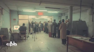 صف عکاسی کارت ملی در آتلیه‌ای قدیمی با نور مهتابی، عکاس کنار دوربین آنالوگ و تابلوی «لبخند ممنوع»؛ پیوند رسمی‌بودن چهره و خاطرات.