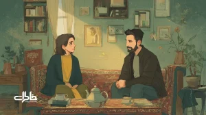 زوج ایرانی در اتاقی نوستالژیک با سینی چای و قاب عکس؛ نماد ۷ مکالمهٔ رابطهٔ سالم برای آرام‌ کردن سیستم عصبی و ساختن خاطره‌ای ماندگار