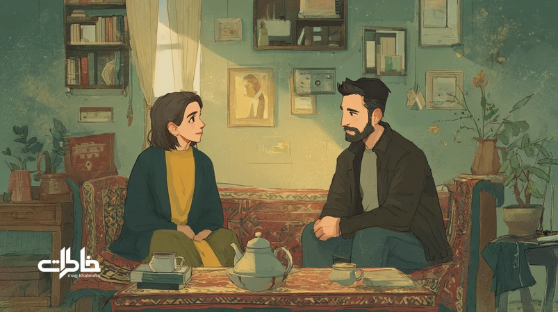 زوج ایرانی در اتاقی نوستالژیک با سینی چای و قاب عکس؛ نماد ۷ مکالمهٔ رابطهٔ سالم برای آرام‌ کردن سیستم عصبی و ساختن خاطره‌ای ماندگار