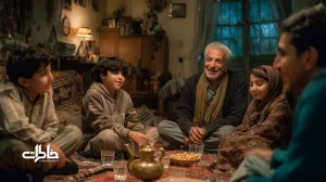 شب‌نشینی خانوادگی در قطعی برق با نور شمع، استکان چای، ظرف آجیل و قالی ایرانی؛ فضایی نوستالژیک از دورهمی ایرانی و لبخندهای روشن.مجله خاطرات