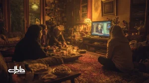 تماشای مشترک در عصر استریم توسط خانواده ایرانی دور یک لپ‌تاپ و تلویزیون، با نور آباژور، چای و تخمه روی فرش و حس صمیمیت و نوستالژی.