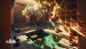 حیاط سنتی شیراز با درختان نارنج شکوفه‌دار، حوض فیروزه‌ای، بازی نور و سایه و جزئیات معماری ایرانی؛ نمایانگر آرامش و فرهنگ ایرانی. مجله خاطرات