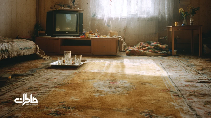 نمای داخلی نشیمن ایرانی دهه ۶۰ و ۷۰ با موکت پرزکوتاه خردلی و سبز زیتونی، کناره‌های ساییده، سینی چای و اسباب‌بازی کودکان؛ بازنمایی نوستالژیک خانه ایرانی.مجله خاطرات