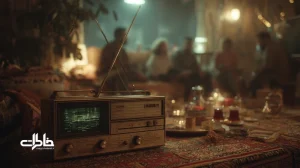 اتاق کوچک ایرانی با رادیو موج کوتاه قدیمی، آنتن کشیده، خانواده دور هم و حال‌وهوای نوستالژیک؛ اشاره به لهجه مجری و ترانه‌های رادیو موج کوتاه.مجله خاطرات