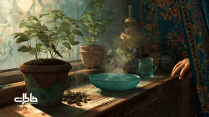 گوشه‌ای آرام از خانه ایرانی با سبزه، کاسه آب فیروزه‌ای و بخار چای؛ بازنمایی طبیعت کوچک در خانه برای آرامش خانواده و زنده‌شدن خاطرات