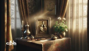 قاب عکس نقره‌ای با عکس خانوادگی سیاه‌وسفید روی رومیزی طرح‌دار ایرانی در نور عصرگاهی؛ نماد نوستالژی و نگهداری خاطرات در خانهٔ ایرانی. مجله خاطرات