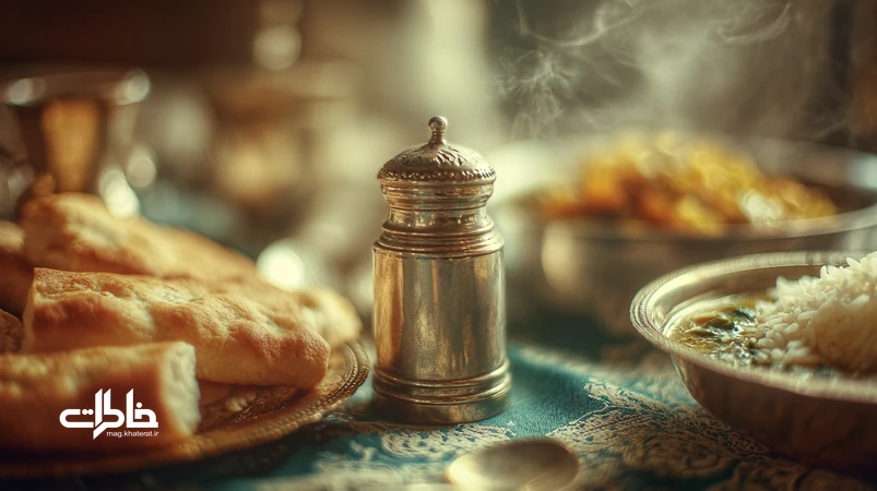 نمکپاش نقرهای روی سفرهی ایرانی با نان سنگک، برنج زعفرانی و خورش زیر نور زرد آشپزخانه؛ نماد مهماننوازی و نوستالژی سفره