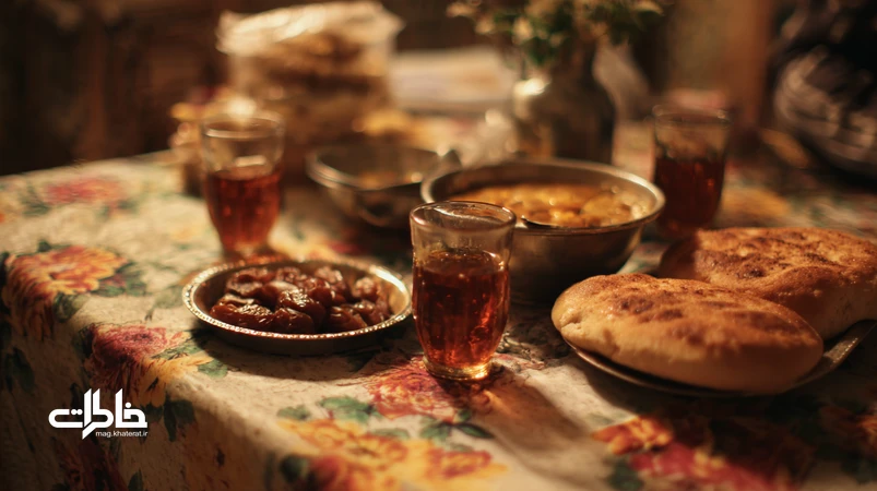 سفره افطاری ساده با خرما، سوپ عدس، نان سنگک و استکان چای در آشپزخانه ایرانی؛ نمادی از صمیمیت محله و نذر کم‌هزینه.