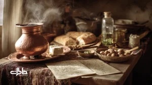 تصویر شاخص دستورهای سادهٔ سفره‌های بومی؛ دفترچهٔ دست‌نویس مادربزرگ کنار سماور مسی، نان سنگک، پنیر محلی و سبزی برای حفظ طعم‌های بومی و خاطرات