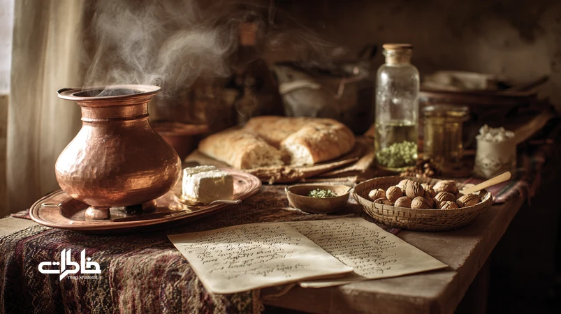 تصویر شاخص دستورهای سادهٔ سفره‌های بومی؛ دفترچهٔ دست‌نویس مادربزرگ کنار سماور مسی، نان سنگک، پنیر محلی و سبزی برای حفظ طعم‌های بومی و خاطرات