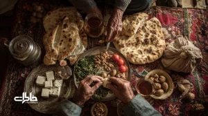 سفره ایرانی با نان سنگک داغ، پنیر و سبزی خوردن، گردو و استکان چای؛ بازنمایی لقمه‌ی سادگی و خاطرات دورهمی در خانه‌های ایرانی