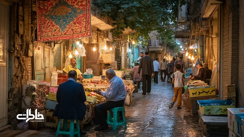 بازارچه‌های کوچک محلی در تهران با چیدمان هندسی بساط‌ها، تعامل گرم فروشنده و همسایه و پرداخت دیجیتال؛ روایت اقتصاد مهربان محله.مجله خاطرات