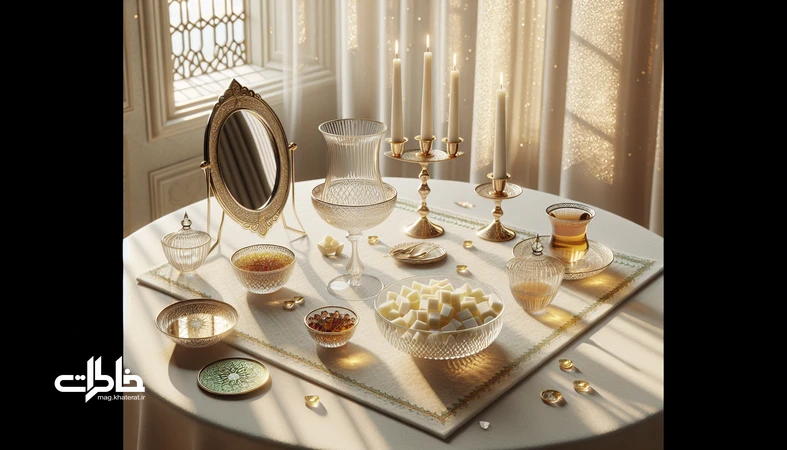 سفره عقد خانگی مینیمال با آینه و شمعدان، ظرف شیشهای نبات، استکان زعفران و نور طبیعی؛ چیدمانی سادهگرای ایرانی و خاطرهساز. مجله خاطرات