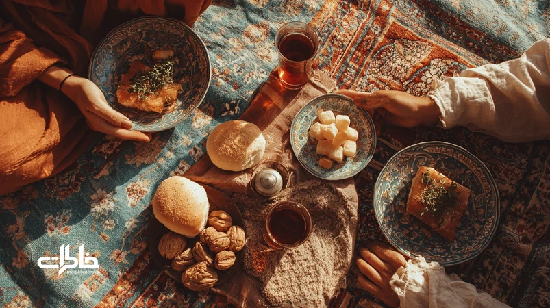 سفره ایرانی با نان داغ، چای شیرین و ظرفهای ساده روی قالی، نماد برکت، صلح و همدلی در هنر و ادبیات؛ برانگیزانندهٔ خاطرات صمیمی خانوادگی.