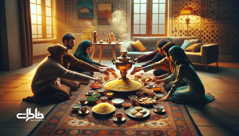 نشستن دور سفره در خانهٔ ایرانی؛ خانوادهای گردِ سفره با برنج زعفرانی، نان تازه و سماور برنجی؛ بازتعریف گرمای خانواده در عصر میزهای جدا
