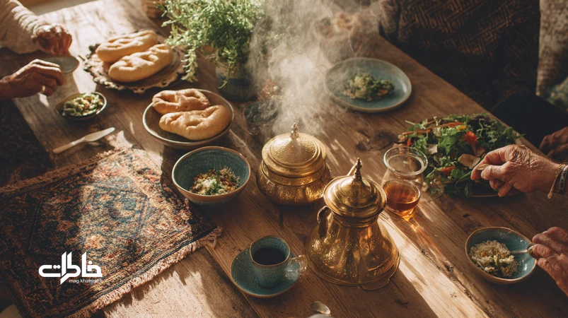 تصویر مقایسهای سفرهٔ ایرانی و میز مدرن با نان سنگک، استکان چای، سماور و ماگ قهوه؛ نمادی از آیین غذا خوردن جمعی و چای دورهمی در خانهٔ ایرانی