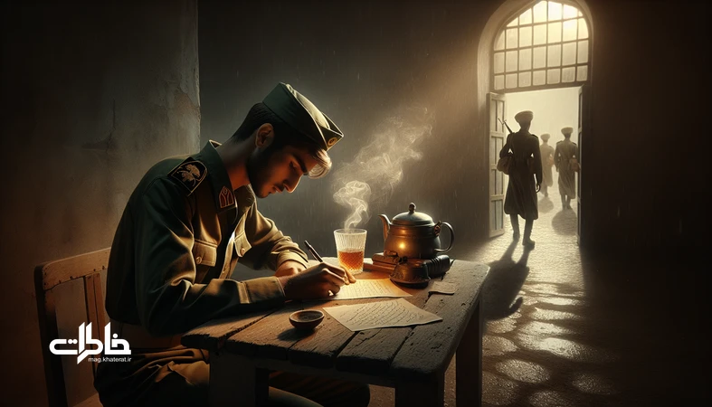 تصویر نوستالژیک دلتنگی سربازی در پادگان ایرانی؛ سرباز در حال نوشتن نامه کاغذی، لیوان چای، سایهٔ قدمها و حس انتظار و امید. مجله خاطرات