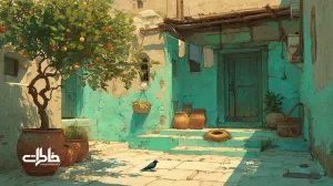 لانه‌ی گنجشک‌ها زیر ایوان چوبی در حیاط ایرانی با دیوار کاه‌گلی و حوض فیروزه‌ای؛ نمایی نوستالژیک از معماری ساده و پیوند خانه و طبیعت