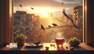 تصویر بالکن ایرانی در سپیده‌دم بهاری با گنجشک‌ها و قمری‌ها روی سیم‌ها؛ نمادی از صدای پرنده‌های بهاری و آرامش ذهن شهرنشین