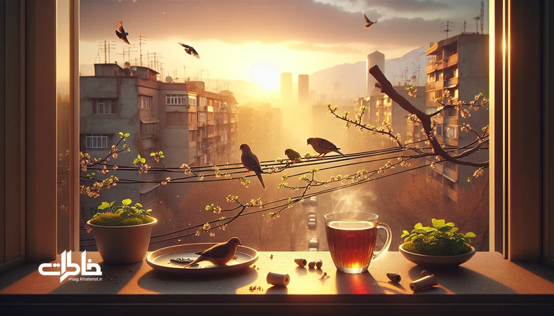 تصویر بالکن ایرانی در سپیدهدم بهاری با گنجشکها و قمریها روی سیمها؛ نمادی از صدای پرندههای بهاری و آرامش ذهن شهرنشین
