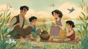 تصویر بهاری از جشن‌های کوچک محلی ایران: خانواده‌ها در پیک‌نیک سیزده‌به‌در با سفره ایرانی و سبزه، کودکان در حال گره‌زدن علف و میرآب کنار جوی آب؛ حس نوستالژی و همیاری.