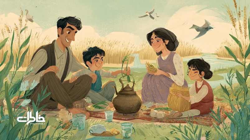 تصویر بهاری از جشنهای کوچک محلی ایران: خانوادهها در پیکنیک سیزدهبهدر با سفره ایرانی و سبزه، کودکان در حال گرهزدن علف و میرآب کنار جوی آب؛ حس نوستالژی و همیاری.