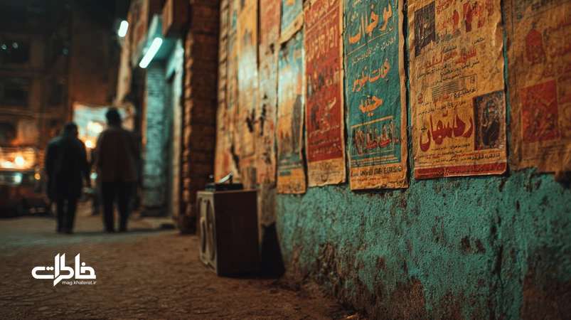 دیواری با پوسترهای لایهلایه و دیوارنویسی فارسی در کوچهای ایرانی با بلندگوی دستی؛ نمادی از هنر خیابانی و حافظه جمعی