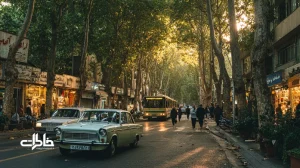 صحنه‌ای از عکاسی خیابانی در تهران کنار درختان ولیعصر با اتوبوس شهری، تابلوهای فارسی و رهگذران؛ بازنمایی ثبت تغییرات شهر در ایران.مجله خاطرات