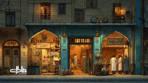 آوازهای کوچه و کار در محله‌های ایرانی؛ گروهی از کارگران در کوچه‌ای قدیمی کنار نانوایی و دکان‌ها با ریتمی هماهنگ می‌خوانند؛ تصویر نوستالژیک از موسیقی کارِ جمعی