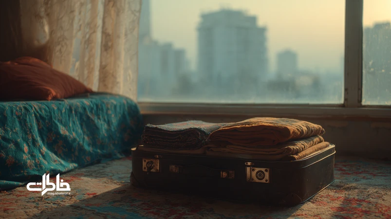 چمدانی نیمه‌باز با رایحهٔ زعفران، نان تازه و بهارنارنج در کنار بافت قالیچهٔ دست‌باف و پتو گلبافت؛ نمادی از بوی خانه، مهاجرت و بازشناسی هویت.