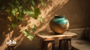 کوزه سفالی با صدای قل‌قل آب در ظهر تابستان در حیاط ایرانی، نور و سایهٔ ملایم و حس آرامش نوستالژیک