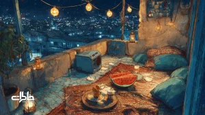 بام خانه‌های قدیم در یک شب تابستانی با کولر آبی، هندوانه قاچ‌شده، لیوان فلزی و گلیم؛ بازآفرینی خاطره تابستان و جمع خانوادگی ایرانی.