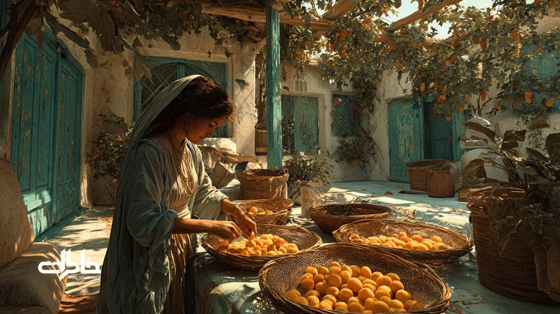 دست‌های مادر در حال نیمه‌کردن زردآلو و چیدن قیصی آفتاب‌خورده روی سینی حصیری در حیاط ایرانی با نور ظهر تابستان.مجله خاطرات