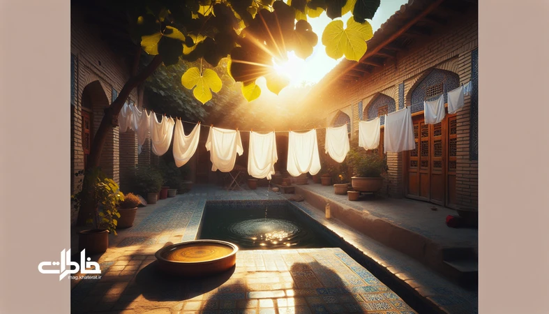 حیاط ایرانی با ملحفههای سفید آفتابخورده روی بند، نور گرم عصر، سایه درخت و کاشی آبی کنار حوض کمعمق؛ آرامش نوستالژیک و بوی پارچه آفتابخورده.