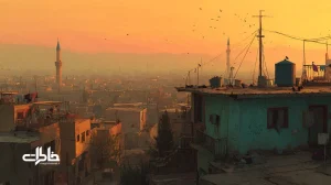 صدای اذان غروب بر فراز محله‌ای ایرانی با نور نارنجی، مناره و پشت‌بام‌ها؛ تصویری نوستالژیک که خاطرات و هویت شهری را زنده می‌کند.