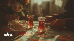 تصویر آیین بخشش در فرهنگ ایرانی با دو استکان چای، قندان کریستال و سفره گل‌گلی؛ نمادی از آب‌قندی کردن کینه‌ها و آشتی شیرین.