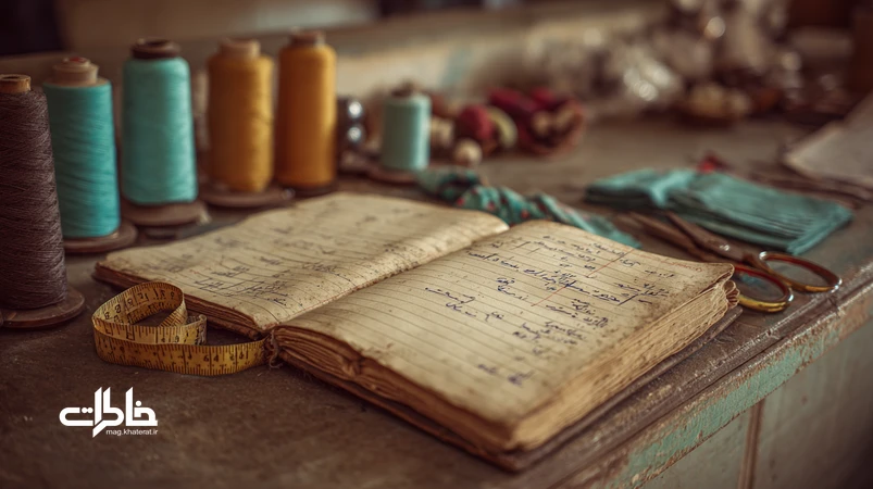 تصویر دفترچه اندازه‌گیری خیاط با دست‌خط فارسی، لکه‌های گچ، متر پارچه‌ای و قیچی در مغازه خیاطی قدیمی؛ بازنمایی نوستالژی و دقت خیاطی.