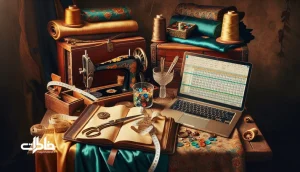 کارگاه خیاطی کوچک ایرانی با دفتر اندازه‌گیری قدیمی، شیت دیجیتال روی لپ‌تاپ، متر پارچه‌ای و چرخ خیاطی؛ نماد هوشمندسازی کارگاه