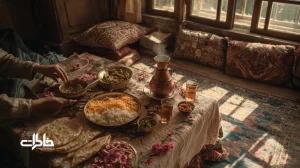 سفرهٔ ایرانی قدیمی با غذاهای محلی؛ زرشک‌پلو، آش رشته، نان داغ، سماور مسی و پشتی‌ها؛ بازنمایی طعم خانه‌های قدیمی و نوستالژی دورهمی خانوادگی