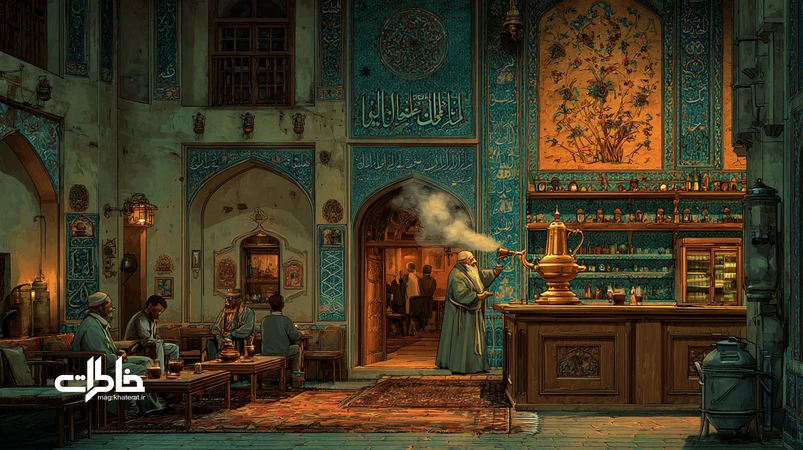 قهوه‌خانه ایرانی به‌مثابه استودیوی پخش زنده با نقال، پرده‌ی نقالی، سماور و شنوندگان؛ تصویر قصه‌گویی قهوه‌خانه‌ای و نوستالژی فرهنگی ایران