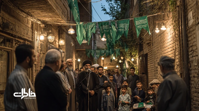 نوحه‌خوانی نوجوانان در محرم محله با صدای دورگه و نوحه محلی؛ بلندگوهای ساده در کوچه و پرچم‌های سبز و سیاه؛ صدای هیئت محله با حال‌وهوای نوستالژیک.مجله خاطرات