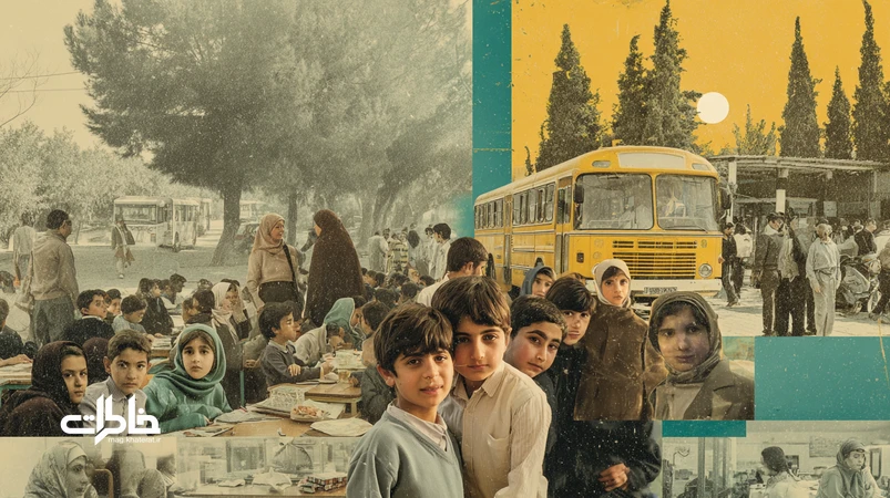 کلاژ نوستالژیک از زبان نوجوانی در مدارس ایران از دهه ۶۰ تا ۹۰؛ حیاط خاکی، صف بوفه، نیمکت آخر و چتهای واتساپی که اصطلاحات مدرسه را ماندگار میکنند.