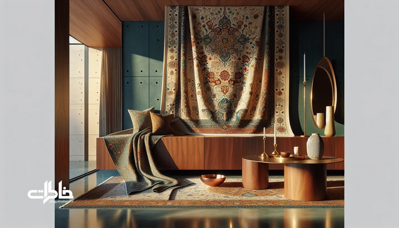 ترمه در خانههای مدرن با بتهجقه و برقریز نخها روی کنسول چوبی؛ نمادی از وقار ایرانی و طراحی آیینی در چیدمان مینیمال.