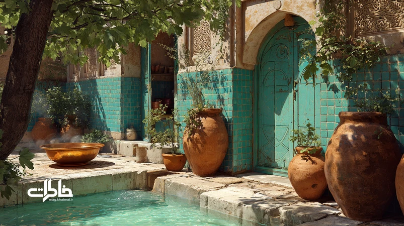 ظهر تابستانی با حوض فیروزهای، گلدان سفالی نمخورده و کوزه آب خنک؛ پیوند تشنگی و طمأنینه با خنکی آب و خاک در فرهنگ ایرانی