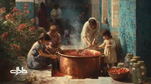 آیین رب‌پزی خانگی در حیاط ایرانی با قابلمه مسی، بخارِ قرمزِ گوجه و جمع خانوادگی؛ یادآور خاطرات، بوی رب و صمیمیت آشپزخانه‌های قدیمی. مجله خاطرات